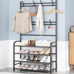 4 Tier Shoe Rack Coat Rack Shoe Shelf Freestanding with 8 Hooks for Front Door Entryway Bedroom Closet, Black