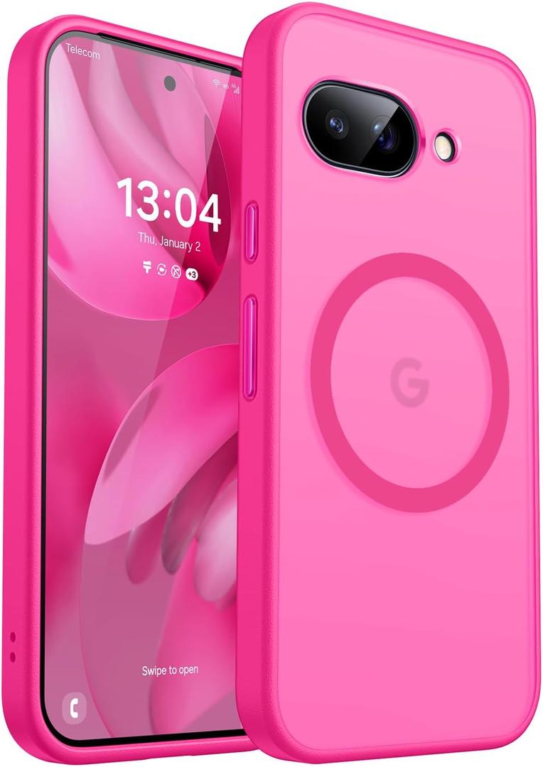 CANSHN Magnetic Compatible with Google Pixel 9a Case(6.3 Inch), Upgraded [Full Camera Protection] [Compatible with Magsafe] [Translucent Matte] Shockproof Protective Phone Case Cover,Hot Pink