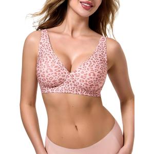 EUYZOU Womens Wireless Bras Comfortable Deep V Supportive No Underwire Bras T-Shirt Push Up Seamless Everyday Bra (Pink, XXL)