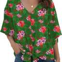 VIISHOW Womens Tie Front Chiffon Blouses V Neck Batwing Short Sleeve Summer Tops Shirts (Green, XL)
