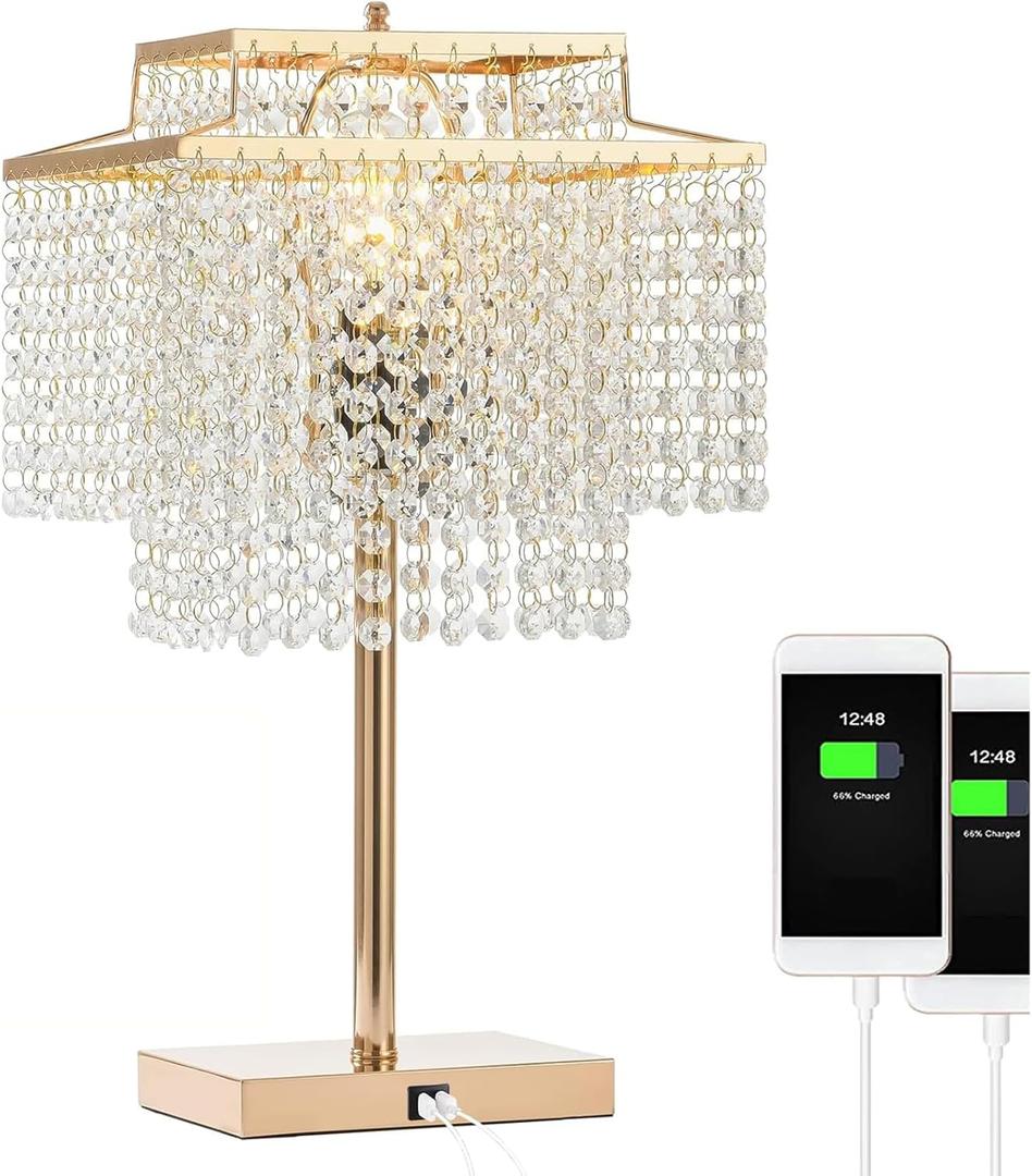 Gold Crystal Table Lamp with 2 USB Charging Ports,Touch Control Lamp with 3-Way DimmableGold Desk Lamps with Elegant Crystal Shade, Nightstand Chandelier lamp for Bedroom, Living Room,End Table