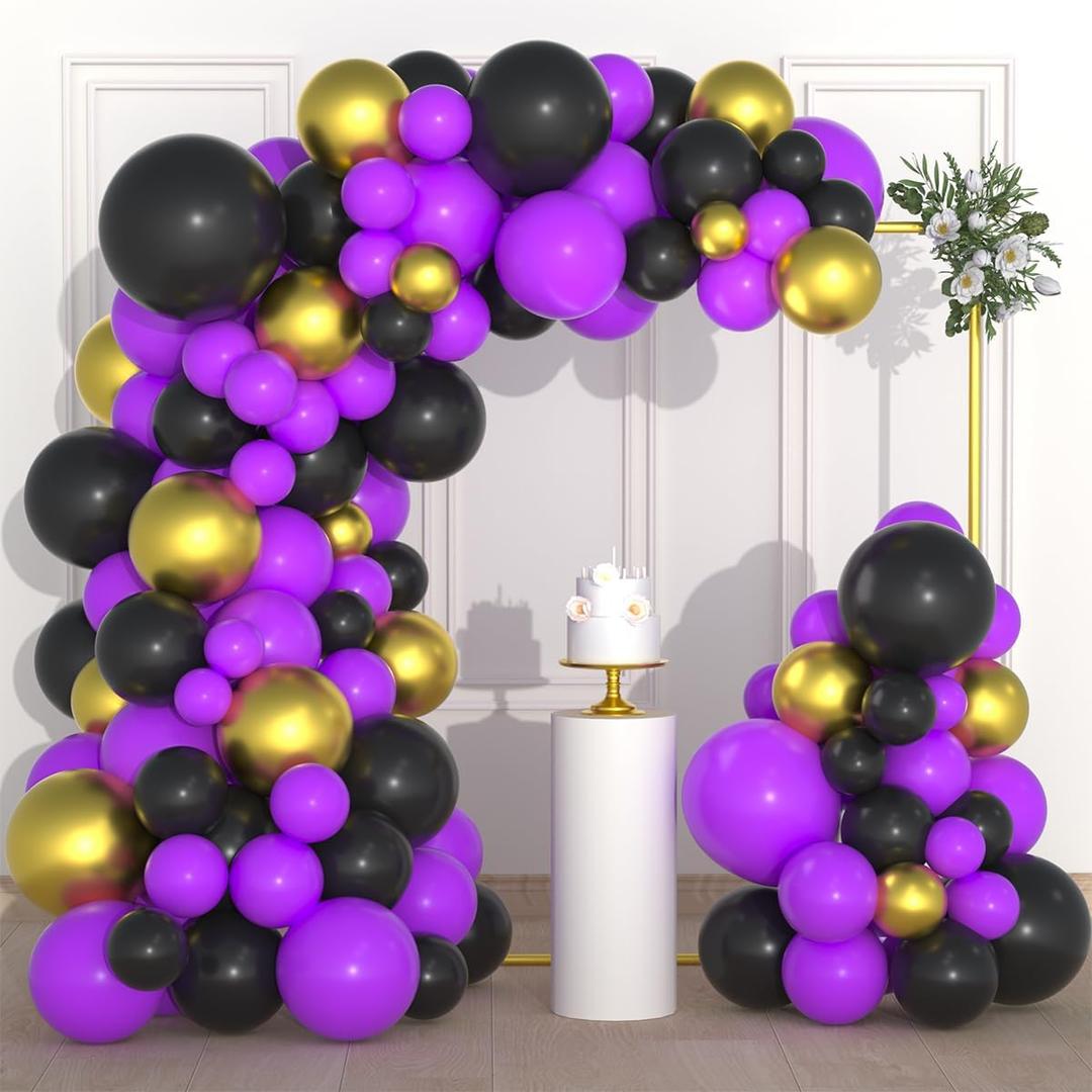 Purple Gold Black Balloon Garland Kit - 121 PCS Purple Black Balloons Metallic Gold Balloons for Purple Gold Birthday Wedding Engagement Retirement Graduation Party Decorations