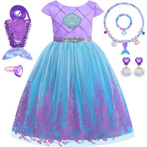 Mermaid Dress for Girls Princess Costumes for Halloween Cosplay Fancy Dress Up Party Birthday Outfit (6-7/130, Purple)