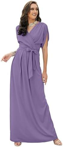 KOH KOH Formal Short Sleeve Cocktail Flowy V-Neck Gown, Purple, 2XL