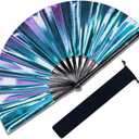 Large Rave Fan, Clack Folding Hand Fan with Premium Fabric, Thick Bamboo Frame for Men Women Gift for EDM, Festival, Club, Party, Dance, Decoration (Holographic Blue-Purple, 13")