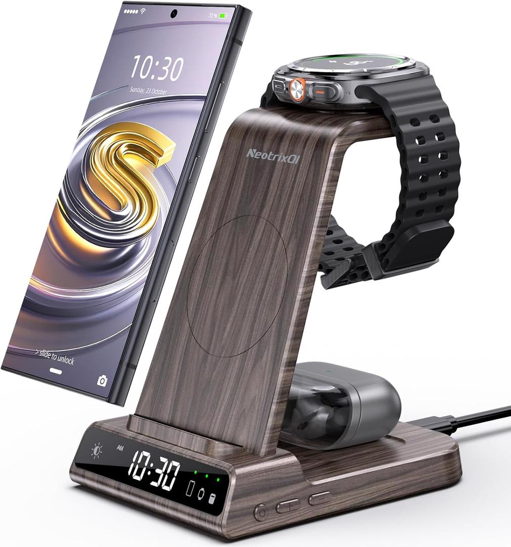 Wireless Charger for Samsung Charging Station: 3 in 1 Android Charging Stand with Dimmable Clock - Nightstand Organizer for Galaxy S25 Ultra, Galaxy Watch 8 7 6 5 4, Galaxy Buds, Space-Saving Charger (Woodgrain)