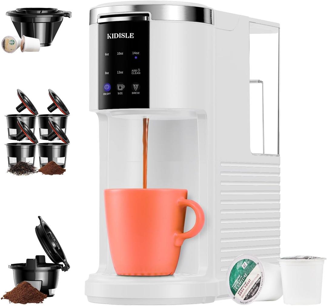 3 in 1 Single Serve Coffee Maker for K Cup Pods & Ground Coffee & Teas, 6 to 14oz Brew Sizes with 40oz Removable Water Reservoir, Self-cleaning Function, White