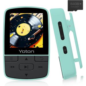 YOTON MP3 Player with Bluetooth 5.2, 64GB Storage, Mini Size, HiFi Music, with Sports Clip, Independent Volume Control, FM Radio, Includes Headphones, Green 