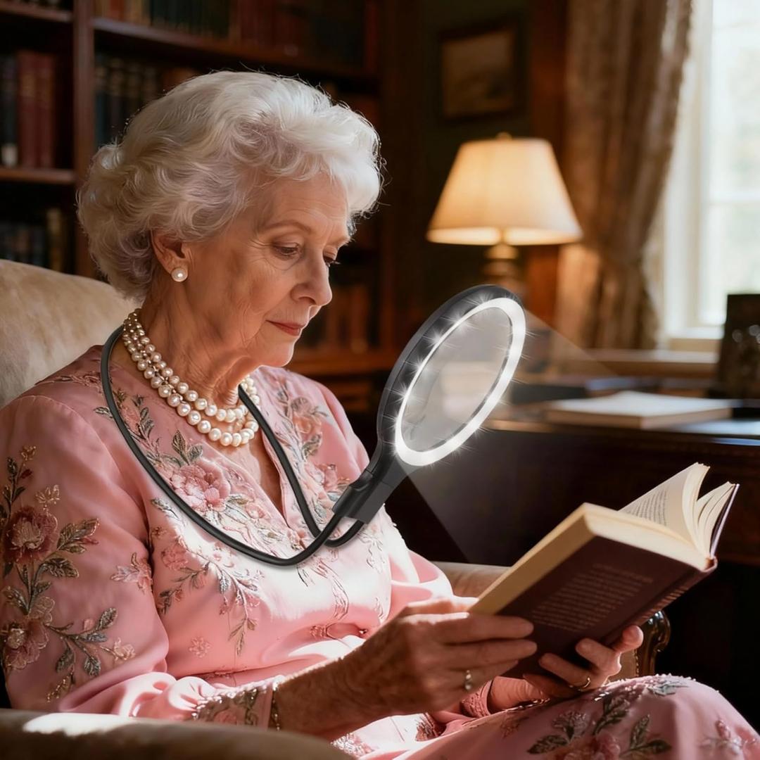 Hands-Free Neckband Magnifier & Magnifying Glass with Light for Seniors  Rechargeable 5X/10X Large 5.3" Lens for Close Work, Reading, Sewing, Cross-Stitching, Crafts