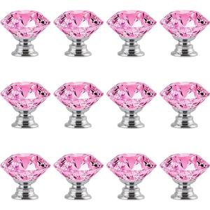 12 Pack Pink Crystal Cabinet Knobs 1.2" Diamond Glass, Girl Vanity Desk Handles, Cute Bathroom Cabinet Pulls for Dresser Drawer, Decorative Drawer Knobs with Screws (Clear Pink)
