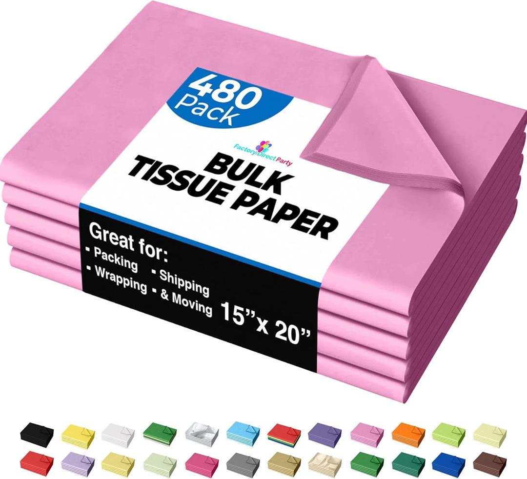 Party Solids Pink Tissue Paper for Gift Bags - 15" X 20" Bulk Tissue Paper Pink 480 Sheets - 10lb Newsprint for Packing, Birthday Gift Box Filler, Packing Supplies for Moving Supplies
