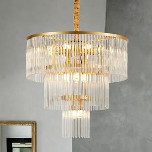 3-Tier Glass Tube Chandelier for Entryway, 14-Lights 22.8" Gold Pendant Light for Hallway, Adjustable Hanging Round Glass Ceiling Light for Bedroom, Living Room, Dining Room, Foyer