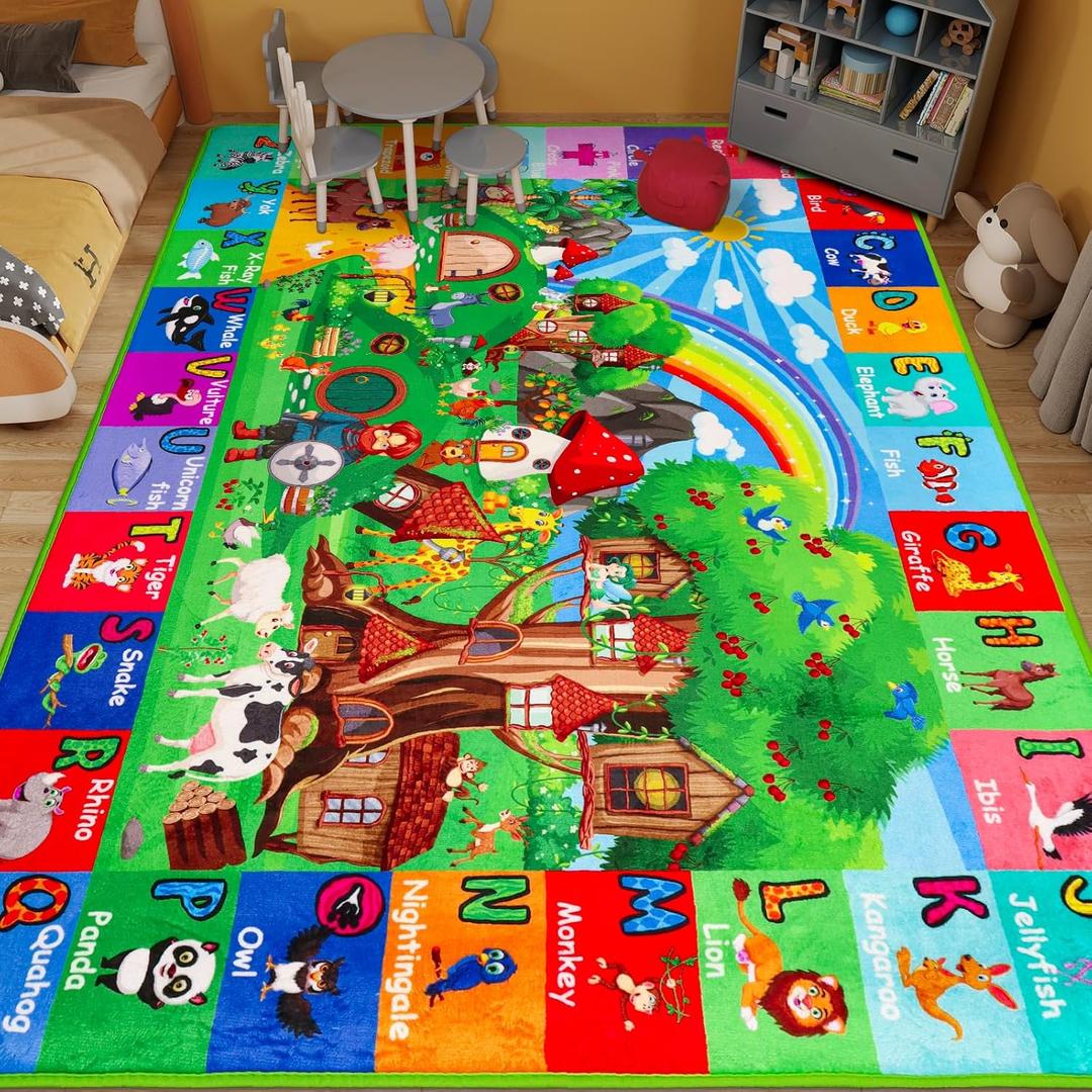 ABC Kids Rug for Playroom 78.7"59" Hobbit House Educational Kids Playmat Alphabet Animal & Shape Learning, Premium Non-Slip Playmat for Toddlers Letters Farm Animals Color Foam Classroom Carpet