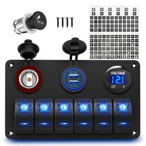 6 Gang Marine Switch Panel Boat Switch Panel Waterproof 12V Rocker Switch Panel Blue LED Lighted with USB Cigarette Lighter Socket Voltmeter 6 Gang Marine Switch Panel Boat Switch Panel Waterproof 12V Rocker Switch Panel Blue LED Lighted with USB Cigarette Lighter Socket Voltmeter