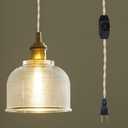 Plug in Glass Pendant Light Dimmable, Vintage Hanging Lamp, Antique Pendant Lighting Hanging Light with Plug in Cord for Kitchen Living Room Bedroom Dining Room, Adjustable, E26 (Horizontal Stripe Clear Glass)