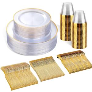 SUT 150 PCS Gold Plastic Plates, Disposable Clear Gold Dinnerware Set with Cups, Includes: 25 Dinner Plates, 25 Dessert plates, 25 Cutlery, 25 Cups, Prefect for Party, Wedding & Shower