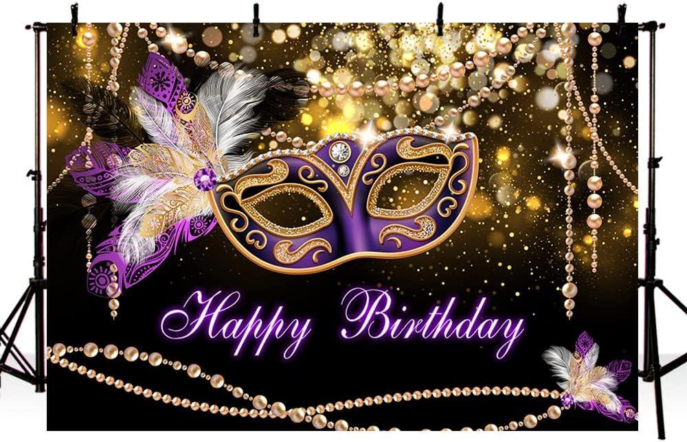 MEHOFOND 7x5ft Masquerade Happy Birthday Party Backdrop Purple Mask Glitter Background Adult Mardi Gras Dress-up Party Decoration Crystal Feather Decor Evening Party Photo Booth Props