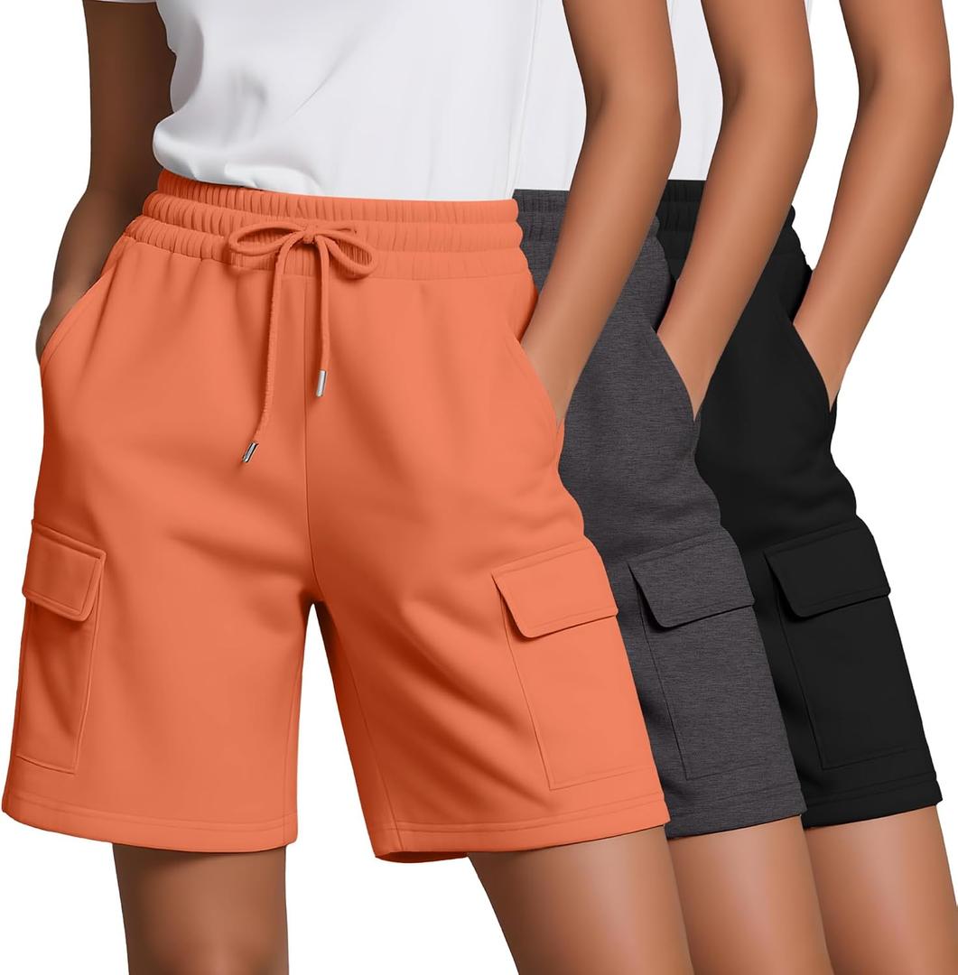 Neer 3 Pack Women's Bermuda Shorts Cargo Knee Length Drawstring Long Shorts Casual Yoga Soccer SweatShorts with 4 Pockets (M)
