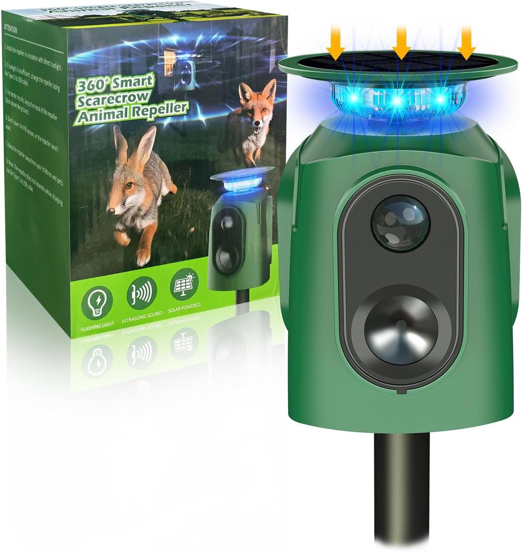Upgraded Solar Ultrasonic Animal Repellent,360 Cat Repellent Outdoor with Motion Sensor,IP65 Waterproof Dog Repeller with Flash Light to Drive Away Rabbit Deer Squirrel Skunk for Yard Garden Lawn