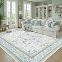 DCX Green 5x7 Rug, Kid & Pet Friendly with Rubber Back Non Slip, Machine Washable Stain Resistant Botanical Floral Rug for Living Room, Bedroom, Home Office, Soft Low Pile Large Nursery Carpet