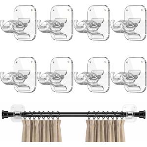No Drill Curtain Rod Brackets - 20LB, 8 Pack Self Adhesive Curtain Rod Holder, Peel and Stick Wall Hooks, Renter Friendly Upgrades for Apartment, Kitchen, Bathroom, Dorm, Living Room and RV (Transparent)