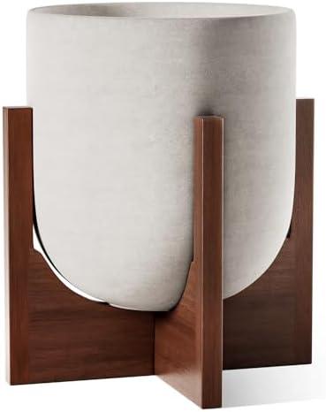 LE TAUCI 10 Inch Planter with Acacia Wood Stand, Ceramic Planters for Indoor Plants, Unique Plant Pots Indoor for Home Decor, Cylinder Pots for Plants with Drainage Hole and Plug, Neutral Gray