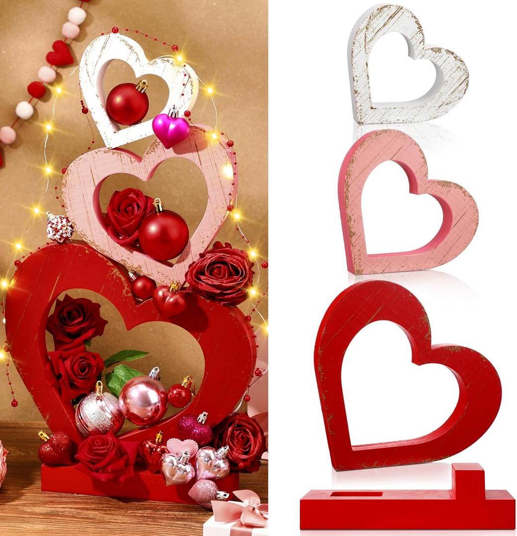 Cinnvoice 3 Pcs Valentine's Day Table Decorations Wooden Heart Shape Sign Romantic Home Centerpiece Red Heart Stackable with Base Rustic Tiered Tray Decor for Wedding Party Anniversary Valentines Gift