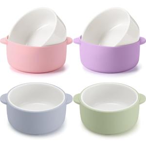 Domensi 4 Sets Kids Porcelain Bowls with Removable Silicone Sleeve 2-in-1 Porcelain Toddler Bowls Microwave Dishwasher Safe Cereal Snack Soup Dishes for Baby Children Feeding Supplies (Macaron Colors)