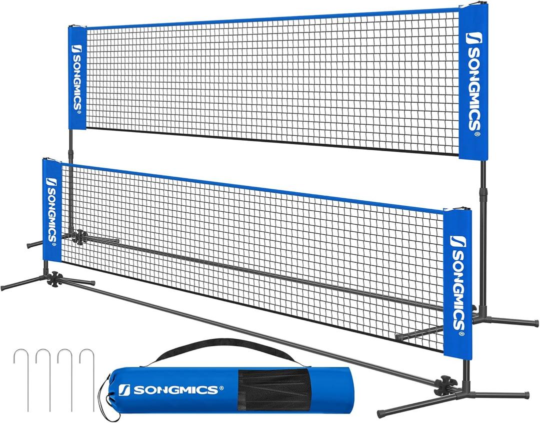 SONGMICS Badminton Net, Height Adjustable Volleyball Net, Pickleball Net for Junior Tennis, Kids, Indoor Outdoor Court, Foldable Nylon Net with Poles 10ft/13ft/16.5ft Wide (Blue)