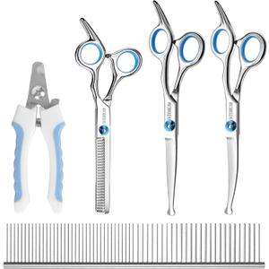 Professional Dog Grooming Scissors with Safety Round Tips, 5 in 1 Dog Grooming Scissors Kit, 4CR Stainless Steel Professional Pet Grooming Shears for Dogs/Cats, Sharp and Durable, Blue