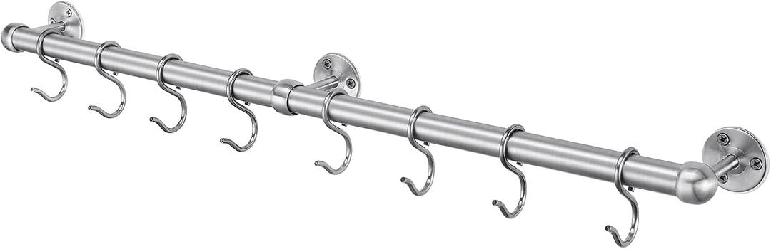ROTHLEY Stainless Steel Hanging Pot Rack Hanger: 23.7 Inch Pot and Pan Hanger Wall Mounted Hanging Pot Bar Rack Heavy Duty Pot Hangers Kitchen Rail with 8 S Hooks (Brushed)