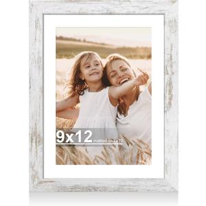 Hongkee 9x12 Picture Frame with Glass, Display Pictures 7x10 with Mat or 9 x 12 without Mat - Wall and Tabletop, 9 by 12 Photo Wooden Frames (Distressed White, 1 Pack)