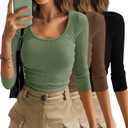 3 Pack 3/4 Length Sleeve Tops for Women Ribbed Scoop Neck Slim Fitted T-Shirts Summer Casual Basic Tight Tees (Large, Black, Matcha Green, Khaki)