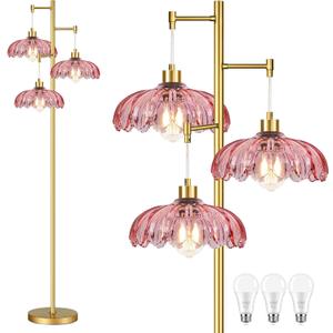 Vintage Floor Lamps for Living Room Bedroom-3 Light Glass Floor Lamp with Three Led Bulb, Tall Flower Floor Lamp Gold Mid Century Modern Standing Lamp Tree Floor Lamps for Living Room Bedroom Corner