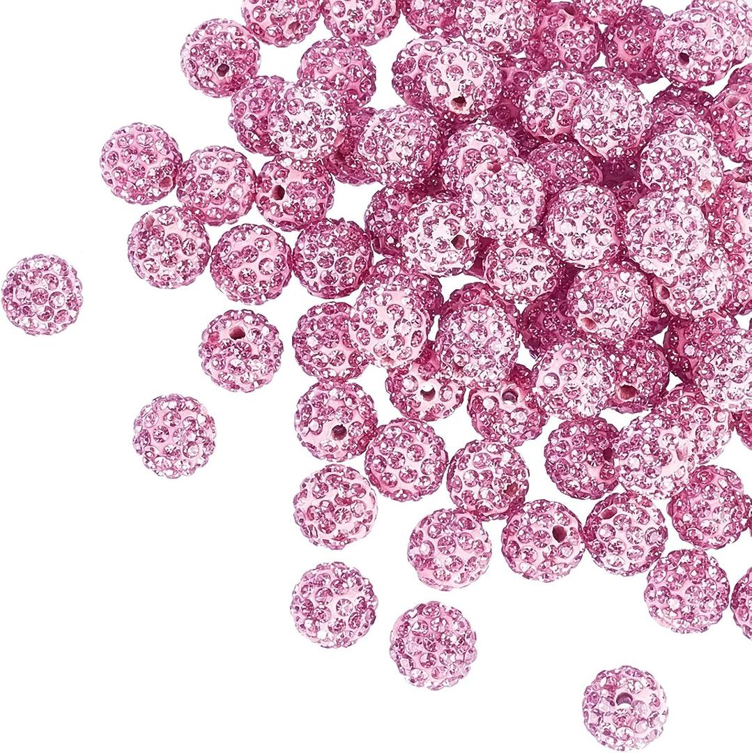 PH PandaHall 10mm Pink Rhinestones Beads 100pcs Pave Disco Ball Clay Beads Polymer Clay Crystal Bead Round Craft Pen Bead for Mother's Day School Friendship Bracelet Necklace Earring Jewelry Making