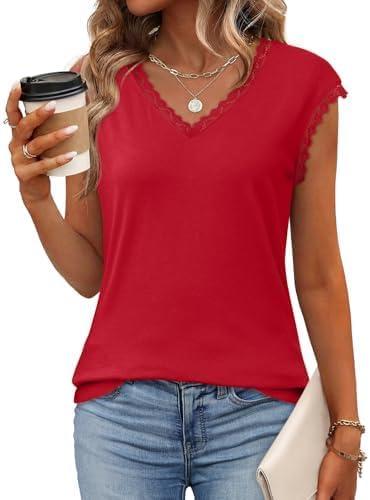 JUSTFASHIONNOW Lace Blouse Soft Cap Sleeve Tops for Women Summer V Neck Tank Tops Dressy Casual Shirts Trendy Clothes (Red)
