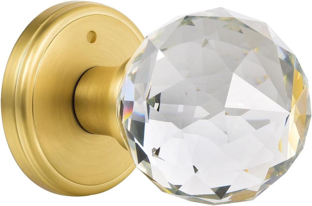 CLCTK Crystal Glass Door Knobs Interior with Lock, Privacy Bathroom Bedroom Door Knobs Gold Door Knob, Satin Brass