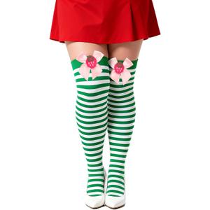 Voiiake Green and White Striped Socks for Strawberry Themed Costume Women, Nylon Over the Knee High Stockings with Pink Bow & Strawberry Accent for Cosplay, Halloween Costumes or Lolita Fashion