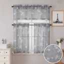 SMILE WEAVER Kitchen Curtains Tiers and Valances Set 3 Piece,Floral Short Semi Sheer Linen Curtains for Bedroom/Living Room,Light Filtering Window Drapes for Bathroom(Grey,52Wx18L&26Wx36L)