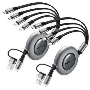 4 in 2 Retractable Charging Cable 4A,2Pack 4Ft Multi Chargers for All Devices,USBC Charging Cable with A/C to Type C/L/Micro USB Ports Universal Multiple USB Cable for iPhone Series/Samsung/Tablets/PS (Grey)