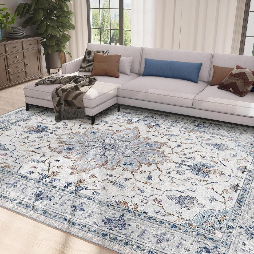 Area Rugs 8'x10' Washable Non-Slip, Floral Vintage Distress Print Pattern Medallion Carpet for Living Room Bedroom Dining Room, Blue Navy Beige Gray (8x10, Blue/Gray)