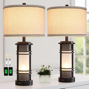 Set of 2 Modern Table Lamps for Living Room, Contemporary Nightstand Lamp with Dual USB Port, Bedside Lamps with White Frosted Glass Night Light for Bedroom, 4 Bulbs Included (Black)