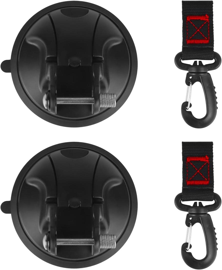 2 Pack Suction Cup Hooks Heavy Duty Car Camping Essentials Upgraded Tie Down Suction Cup Camper Accessories with Securing Hook Strong Power for RV Boat Window Glass Camping Trap, Black