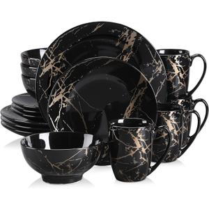 Plates and Bowls Sets for 4, Black Dinnerware Sets 16 Piece Gold Splash Glaze Round Dish Set, LOVECASA Porcelain Plate Set with Mugs Dishwasher Microwave Safe