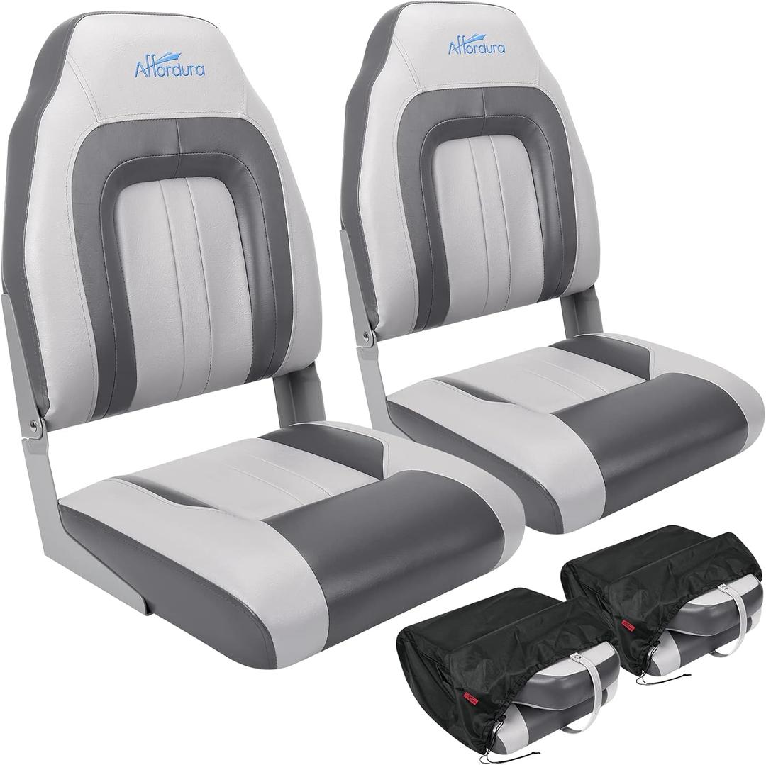 Affordura Boat Seat for Boats with 2 Storage Bags High Back Folding Boat Seat Boat Fold Down Seat (2 Packs), Charcoal