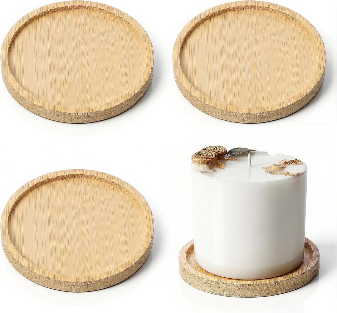 Wood Candle Holder Farmhouse Decor, 4PCS Wooden Pillar Candles Tray, Rustic Wooden Candle Stand, Round Woodens Plate Pedestal Stand, Candles Tray Decorative for Living Room, Table Centerpiece