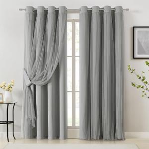 Bujasso Grey 90% Blackout Curtains with Sheer Overlay Mix and Match Double Layer Window Curtains Thermal Insulated 84 inch for Living Room Bedroom Gray Drapes with Tiebacks Grommet Top 54" Wx84 Lx2
