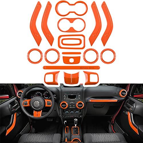 E-cowlboy 18 PCS Full Set Interior Decoration Trim Kit Steering Wheel Center Console Door Handle Air Conditioning Vent Cup Holder Gear Cover Trim for Jeep Wrangler JK JKU 2011-2018 4-Door (Orange)