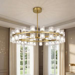 31.5 Inch Gold Wagon Wheel Chandelier, Modern Farmhouse Chandelier with K9 Crystal Chandelier Shade, for Dining Room Light Fixture, Kitchen Island, Entryway, Foyer