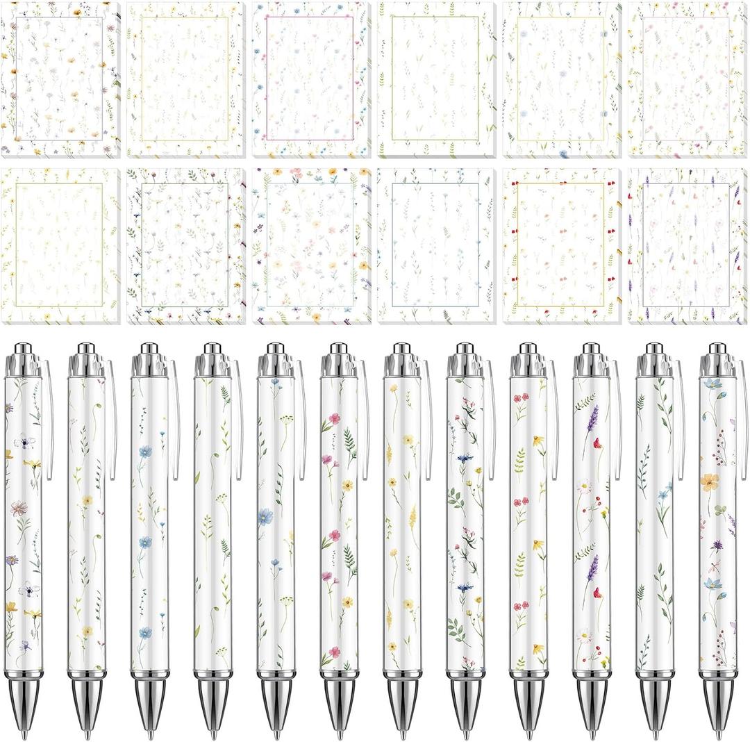 Glenmal 24 Pcs Wildflower Sticky Notes with Pens Floral Theme Teacher Gifts for Women to Do List Memo Pads Self Adhesive Notepads Black Ink Ballpoint Pen for Spring Birthday Party Favors(Vivid), 3.9 X 3 Inches